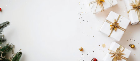 Christmas and New Year background. Festive decoration on white background. Flat lay, top view, copy space.の素材