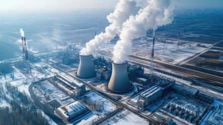 Aerial view of nuclear power plant with smoking chimneys in winterの素材