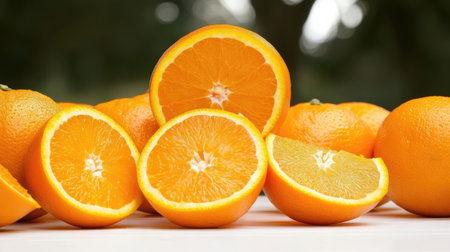 Sliced oranges on a wooden table. Orange fruit background.の素材