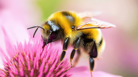 Bumblebee collecting pollen from a pink flower (Echinacea purpurea)の素材