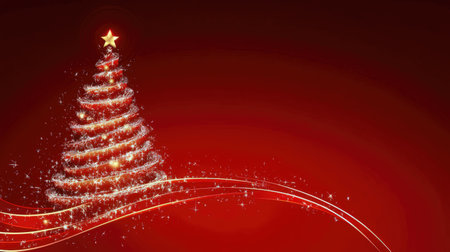 christmas tree on a red background with lights and snowflakesの素材