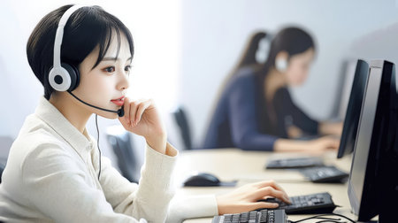 Young asian woman call center operator working in customer support office.の素材