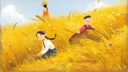Illustration of a farmer and his son on a wheat field.の素材