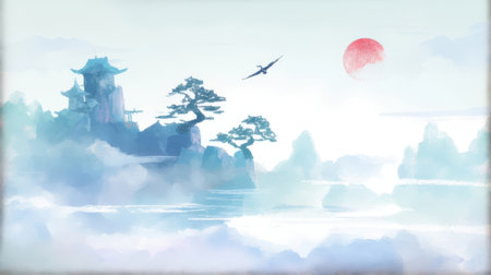 Traditional japanese landscape. Digital art painting. Watercolor illustration.の素材