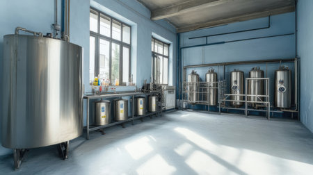 Modern brewery interior with stainless steel tanks. 3D Rendering.の素材
