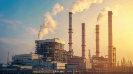 Power plant with smoking chimneys at sunset. Concept of environmental pollutionの素材