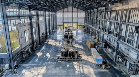 Aerial view of a large industrial building with large windows and doorsの素材
