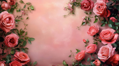 Beautiful pink roses on pink background with copy space. Top viewの素材