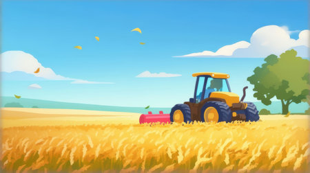 Tractor on wheat field. Vector illustration in flat cartoon style.の素材