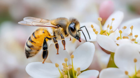 Bee collecting pollen from a blooming apple tree in spring. Macroの素材
