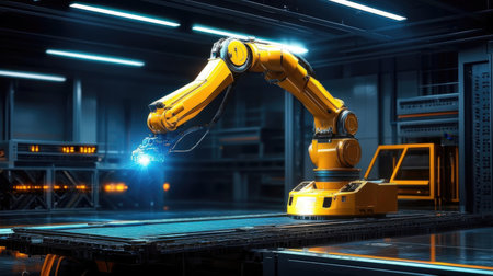 3d rendering robotic arms working in a factory. Automation manufacturing process.の素材