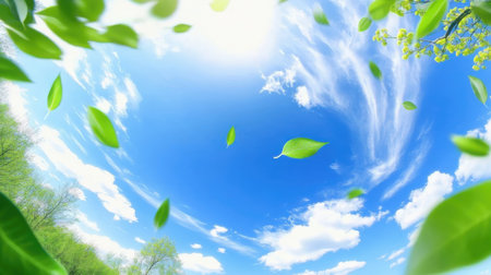 Fresh green leaves and blue sky with white clouds, nature background.の素材