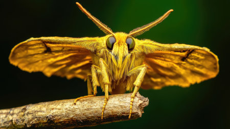 Close up of a moth on a branch with a green background.の素材