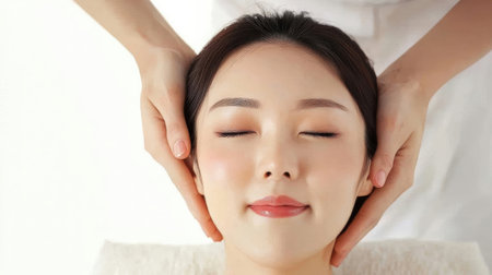 Relaxed young woman getting a facial massage at the health spaの素材