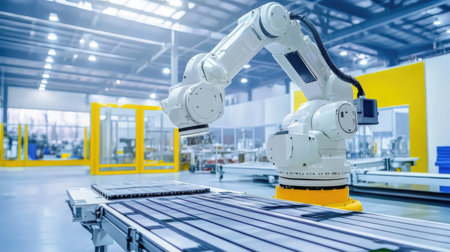Industrial robot arm working on assembly line in factory. Smart industry 4.0 conceptの素材
