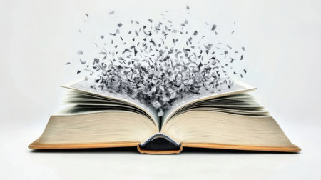 Opened book with flying pieces of paper on a white background.の素材