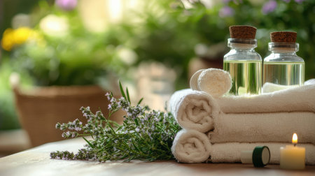 Spa still life with towels, essential oil and lavender flowersの素材