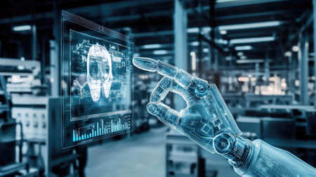 View of a Cyborg hand holding a futuristic interface - 3d renderingの素材