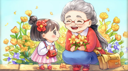 Happy Grandmother and granddaughter in the garden with flowers. Illustrationの素材