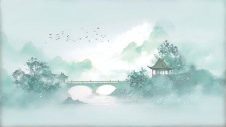 Illustration of chinese landscape with bridge and pagoda in fogの素材