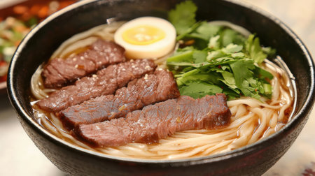 Japanese ramen noodle with beef in black bowl, closeupの素材