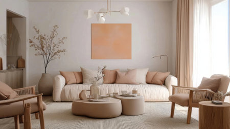 modern living room with beige sofa and armchair, 3d renderの素材
