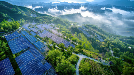 Solar energy panels, aerial view of a beautiful landscape in China.の素材