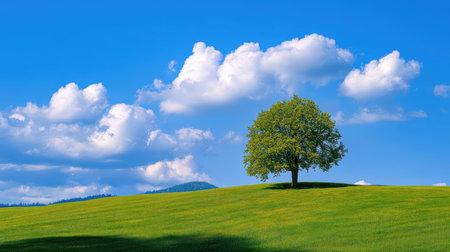 Lonely tree on a green meadow and blue sky with cloudsの素材