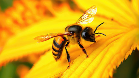 Bee on yellow flower in the garden. Macro. Shallow depth of field.の素材