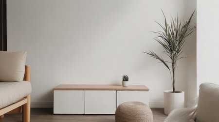 Living room interior with sofa, coffee table and plant. 3d renderingの素材