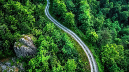Aerial view of the winding road in the forest. Beautiful summer landscapeの素材