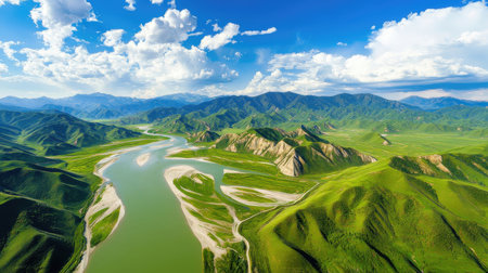 Beautiful panorama of the mountains and the river in Kyrgyzstanの素材
