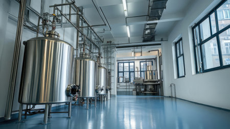 Modern brewery interior with steel tanks and stainless steel pipes. Industrial backgroundの素材