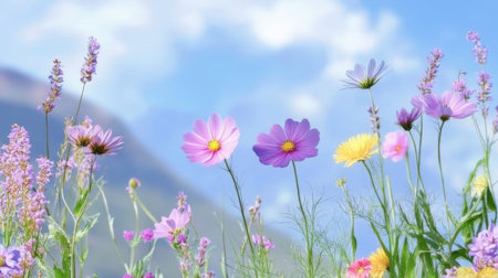 Cosmos flowers and lavender on blue sky background with clouds.の素材