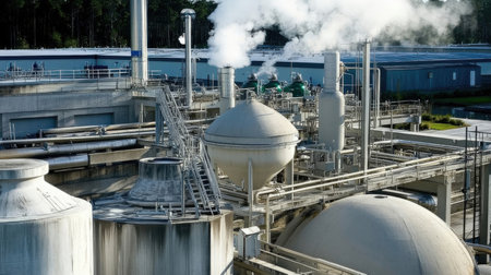 Refinery and petrochemical plant with chimneys and cooling towersの素材