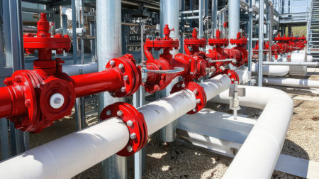 Valves and piping as found inside of a modern industrial power plantの素材