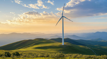 Wind turbines on the green hills at sunset in Tuscany, Italyの素材