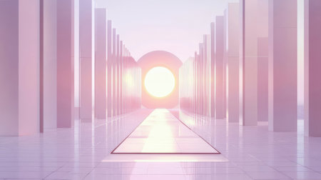 Futuristic corridor with sun in the sky. 3d renderingの素材