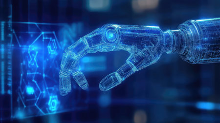 3D rendering robotic hand on blue background with binary code hologramの素材