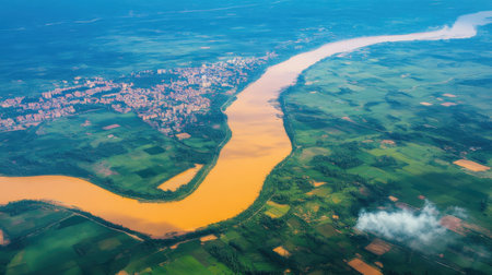 Aerial view of the river and the city in the clouds.の素材