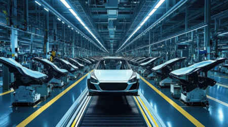 Automotive assembly line. Car on conveyor belt. 3d renderingの素材