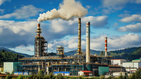 Industrial plant with smoking chimneys on the background of the mountainsの素材