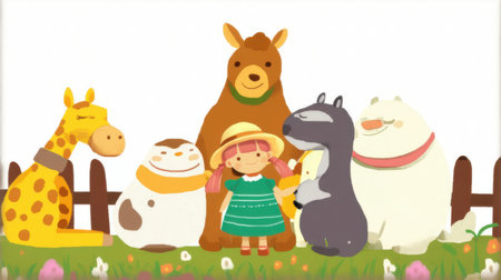 Cute little girl and a group of animals on a white backgroundの素材