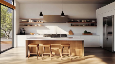 Interior of modern kitchen with white walls, wooden floor, white countertops and wooden bar with stools. 3d renderingの素材