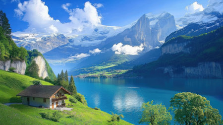 Idyllic alpine landscape with alpine lake and mountain village.の素材