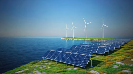 Solar energy panels and wind turbines in the sea. 3D renderingの素材