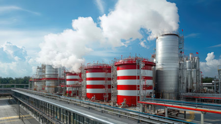 Chemical plant with blue sky and white clouds, industrial background.の素材
