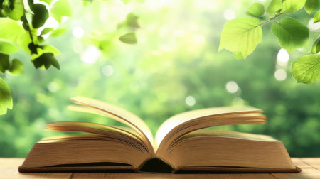 Open book on wooden table against blurred green foliage background, closeupの素材