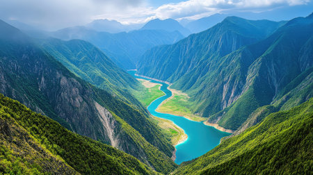 Mountain landscape with a lake in the valley. The view from the top.の素材