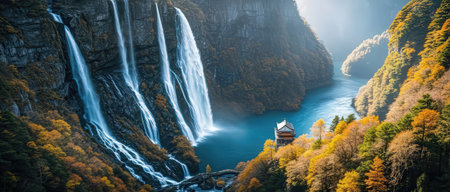 Beautiful autumn landscape with waterfall in the mountains. Panoramic view.の素材